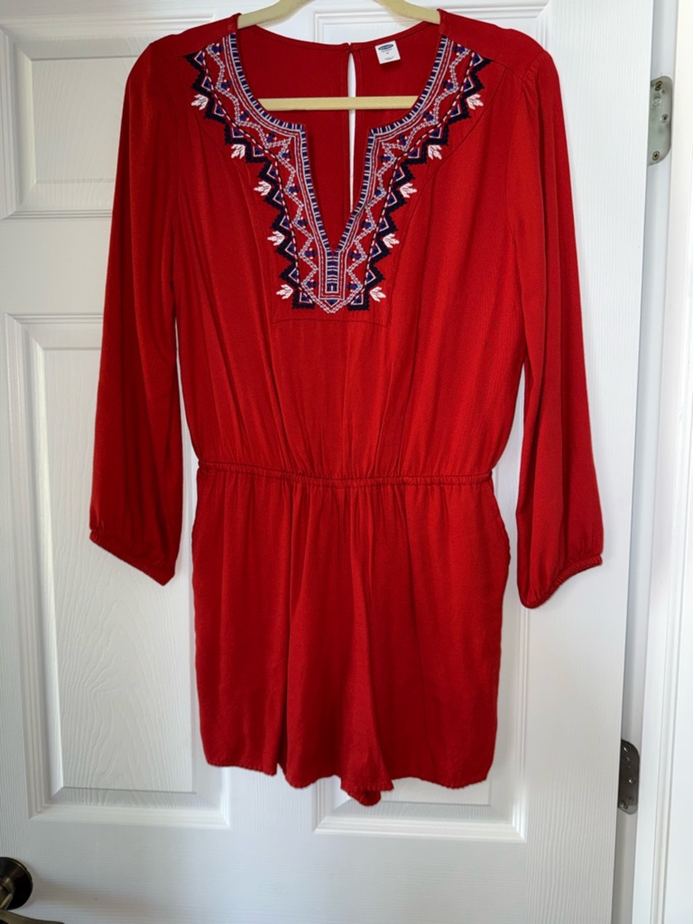 Old Navy Red Embroidered V-Neck Romper
